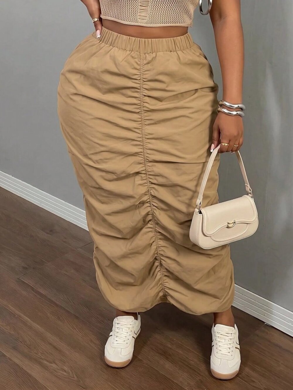 Khaki Casual Women's Plus Size Regular Fit Ruched High-Waist Long Maxi Skirt - Picture 4 of 10